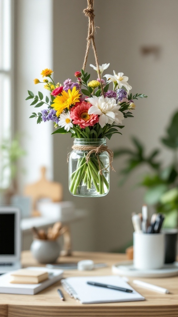 Hanging mason jar vase with colorful flowers in an office setting.