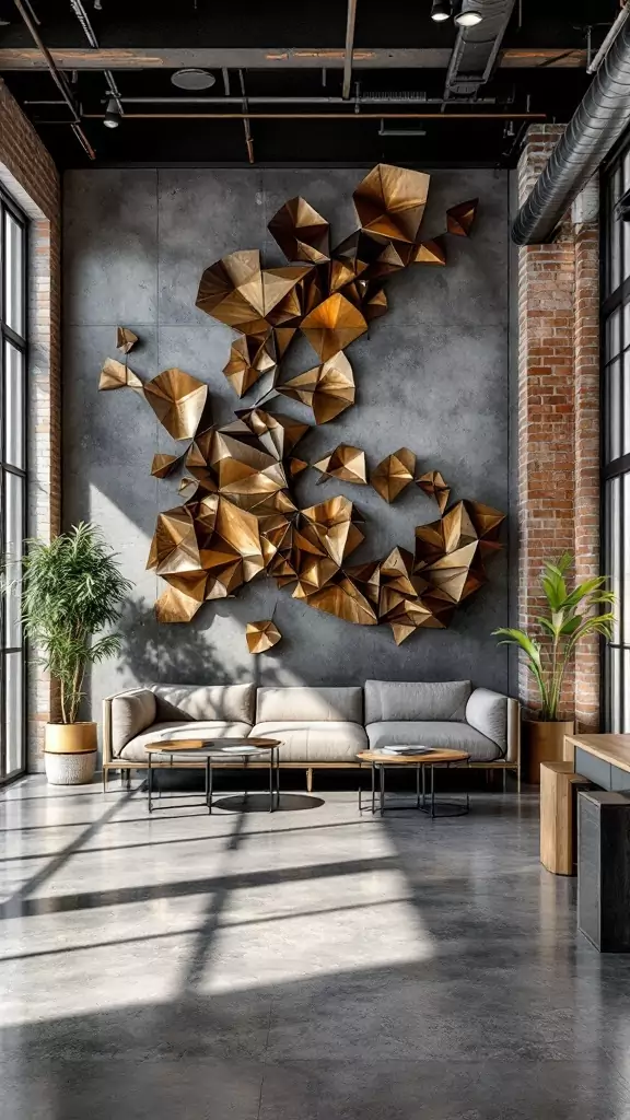 Modern industrial office design featuring metal wall art.
