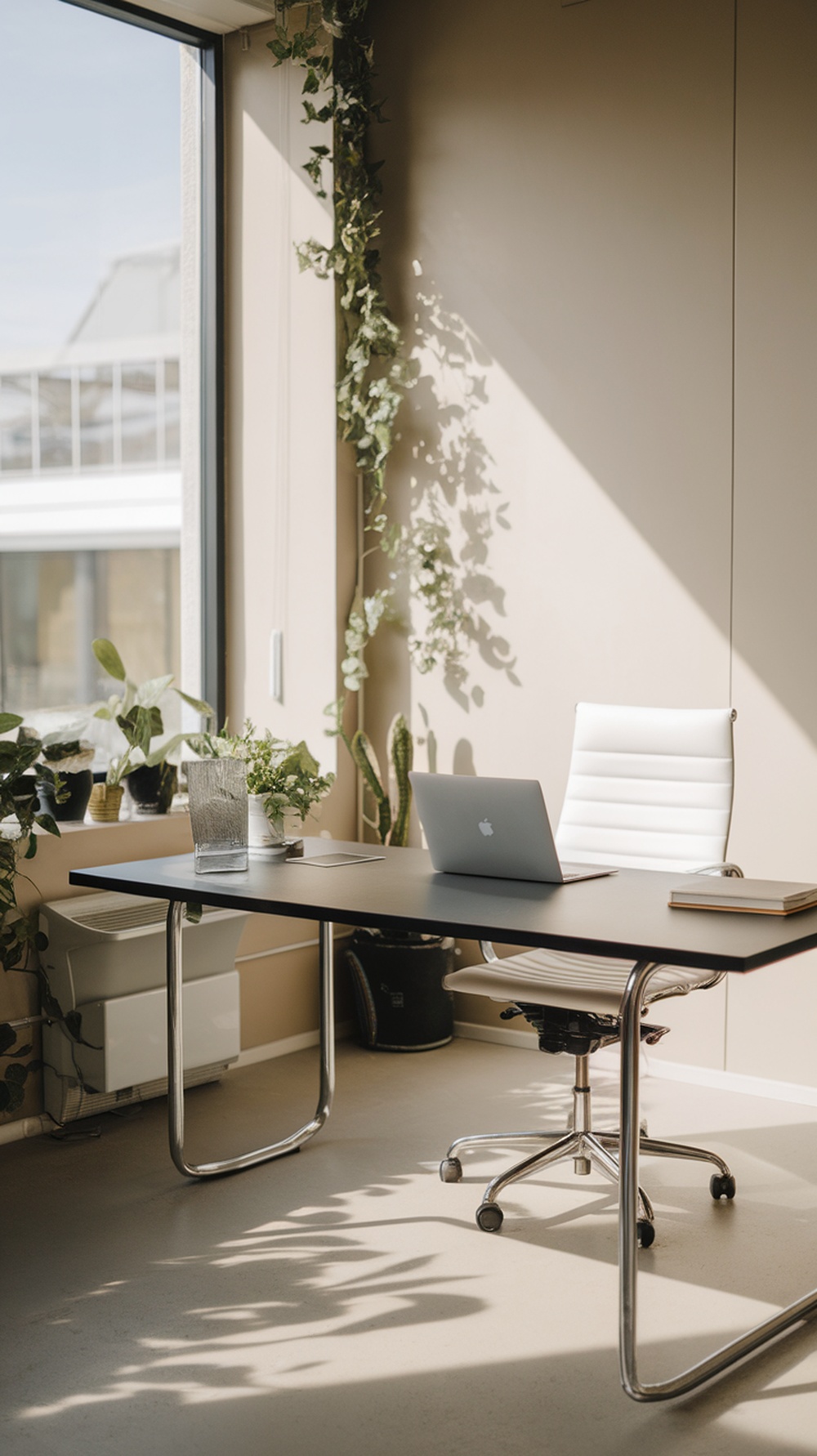 A bright and stylish modern minimalist office with a desk, laptop, and plants.