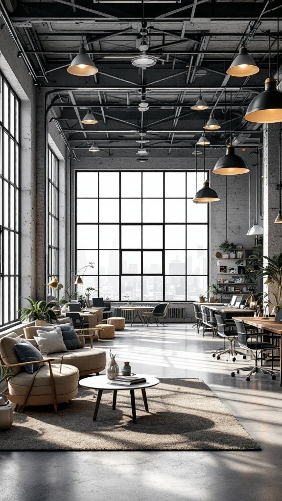 Modern industrial office with steel framing and spacious layout.