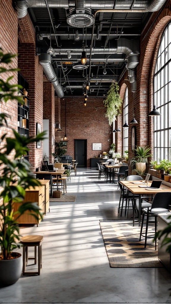 A spacious industrial-modern office interior featuring exposed brick walls, large windows, and plants.