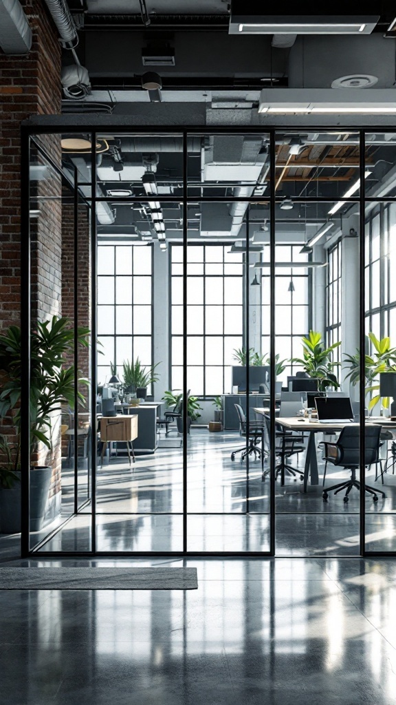 A modern office interior featuring glass partition walls and a sleek industrial design.