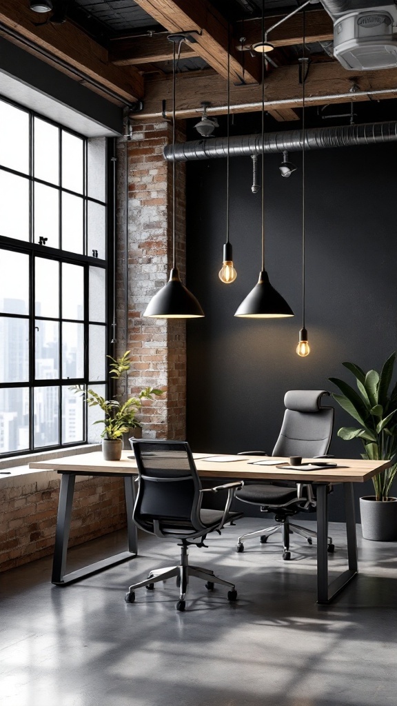 Modern industrial office with pendant lighting and a sleek design.