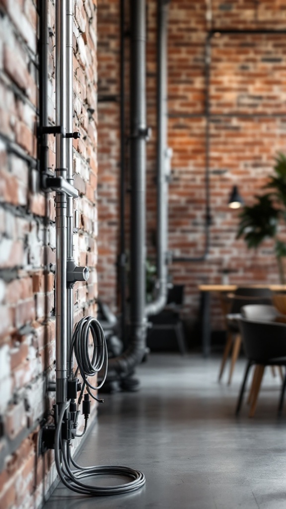 Close-up of metal conduits and cables against a brick wall in a modern office interior.
