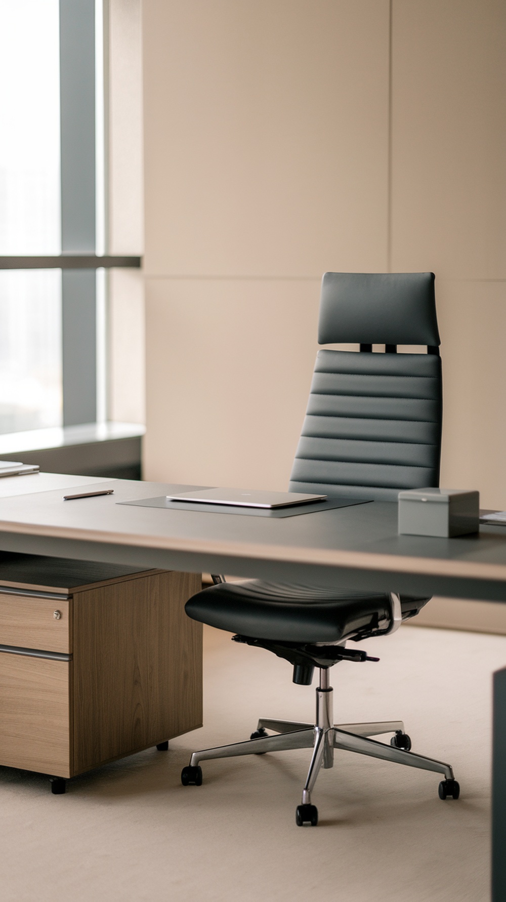 A modern minimalist office setup with a sleek desk and ergonomic chair.