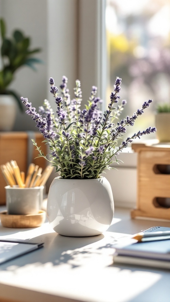 A lavender plant in a white pot on a desk with office supplies.