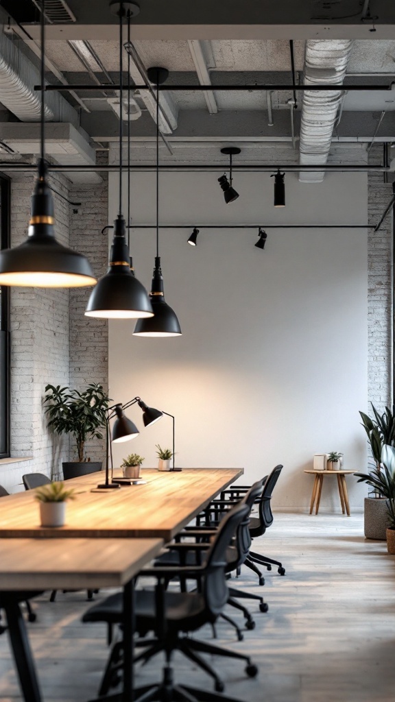 A sleek industrial style office space with layered lighting fixtures.