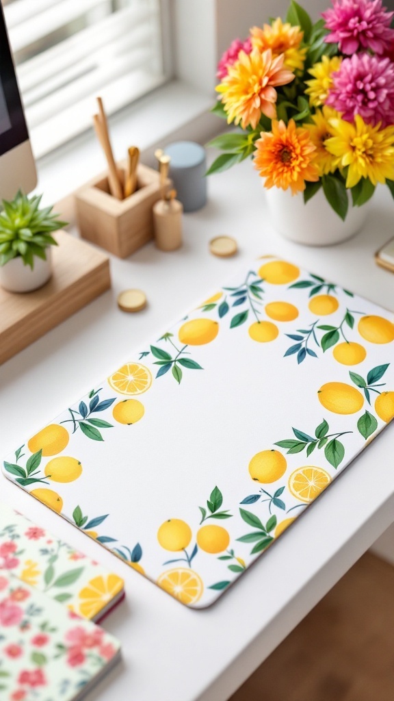 Lemon-patterned mouse pad on a white desk with flowers and plants.