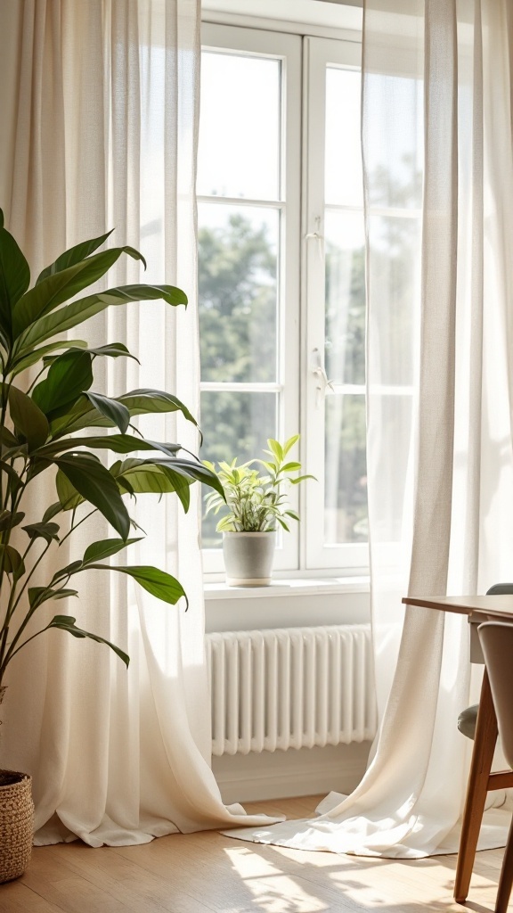 Light linen curtains in a bright office with plants and a desk