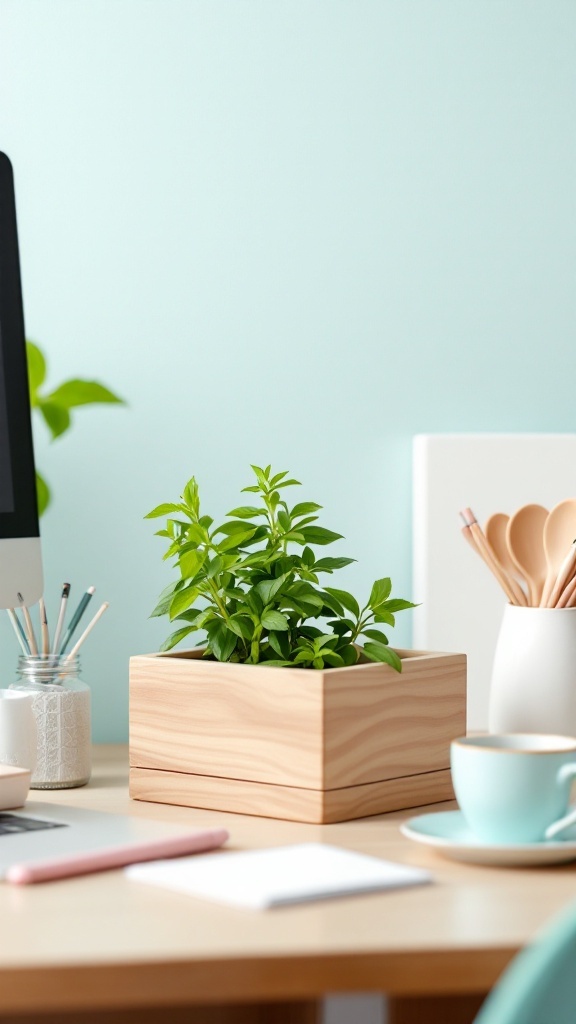 Light wood desk organizer with fresh herbs on an office desk.