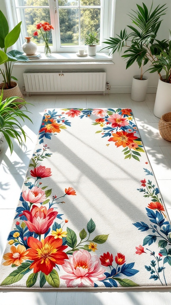 Lightweight floral rug in a bright office space, surrounded by plants and decor.