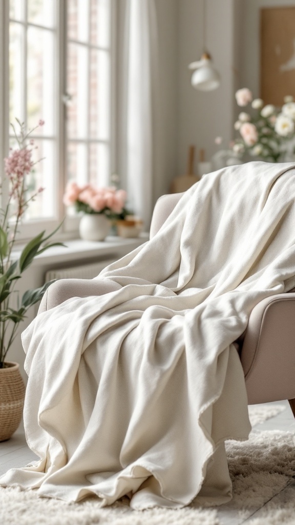 A cozy light-colored throw blanket draped over a chair in a bright, spring-themed workspace.