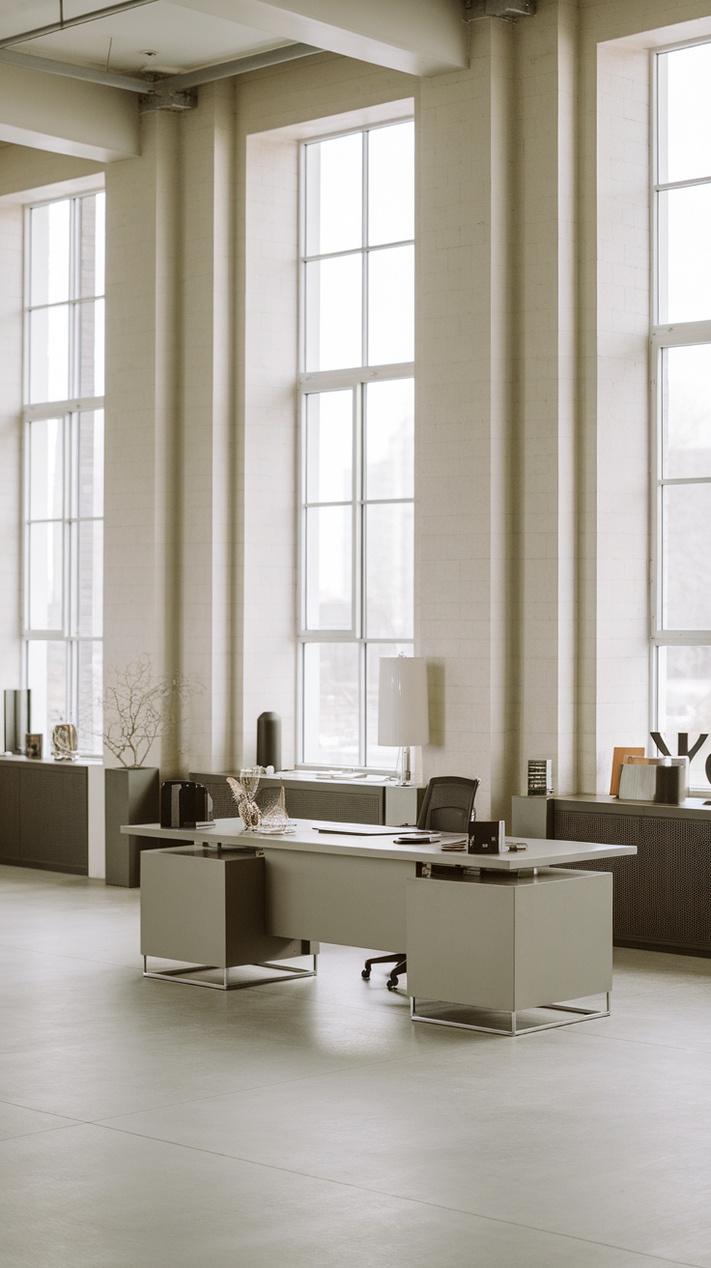 Stylish modern minimalist office with open surfaces and a clean desk.