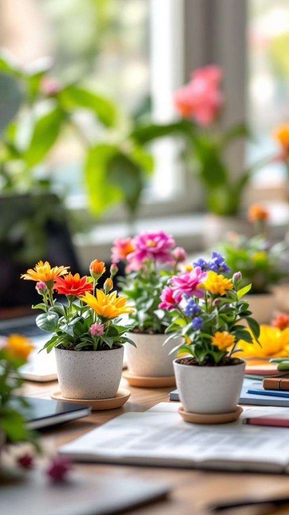 Mini floral desk garden with colorful flowers in small pots on an office desk.