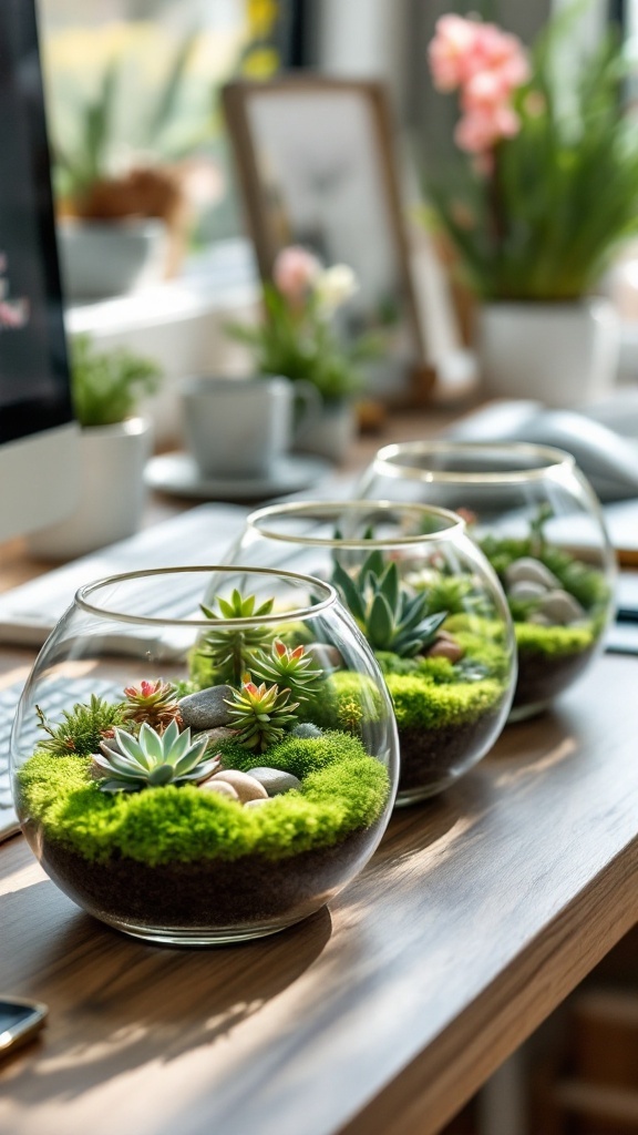 Mini glass terrariums on a desk