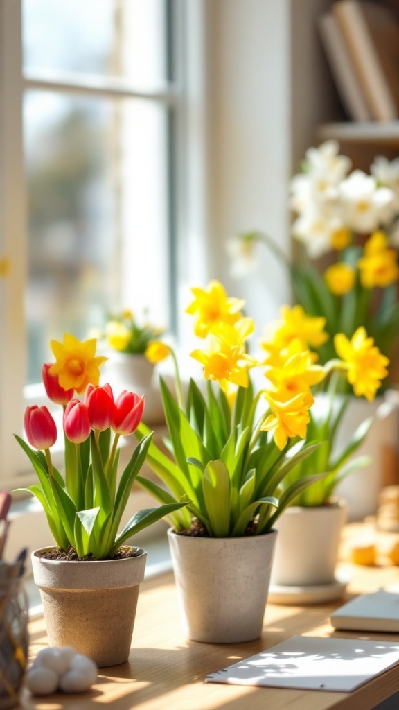 Mini potted tulips and daffodils on a desk