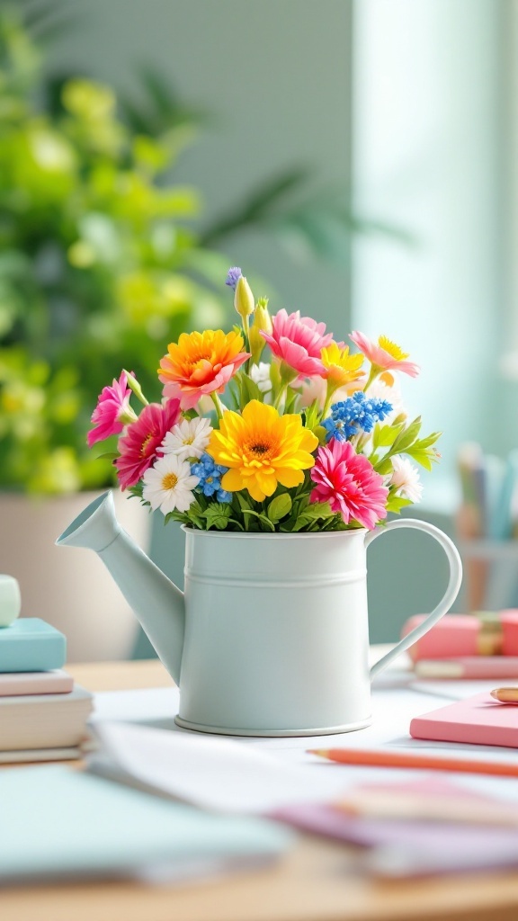 Mini watering can filled with colorful flowers on a workspace