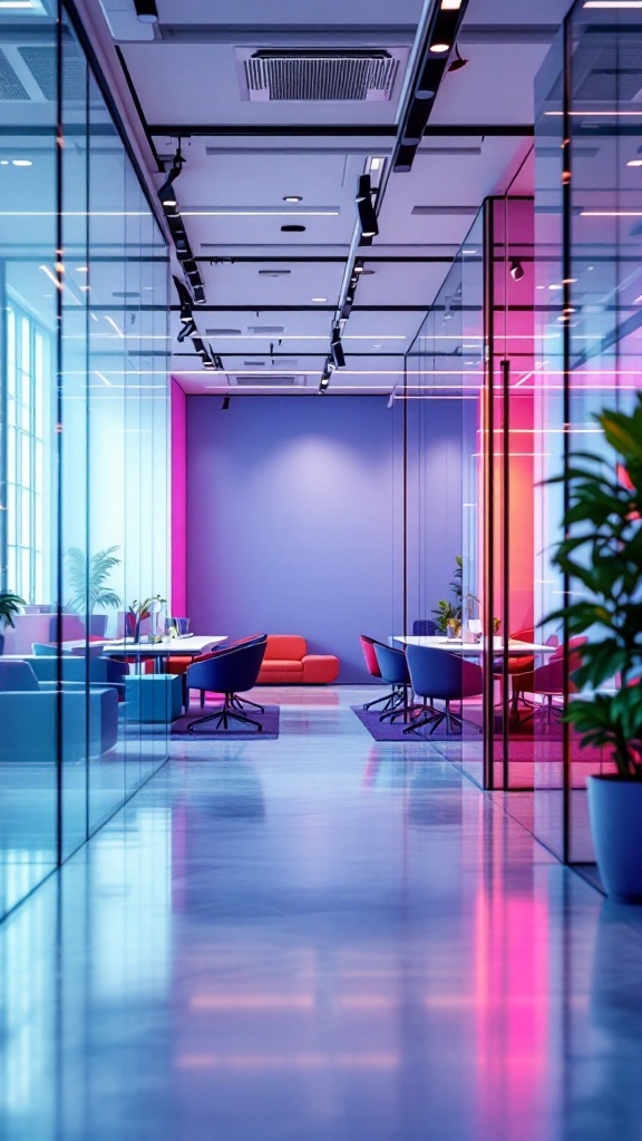 A modern modular meeting room with colorful decor and flexible seating arrangements.