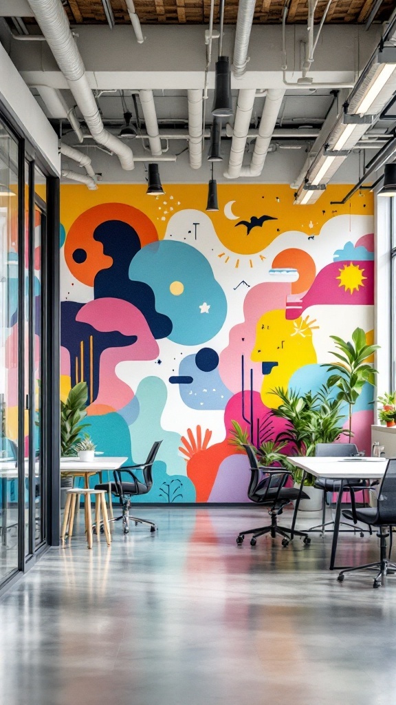 A colorful mural in an open office space with plants and modern furniture.
