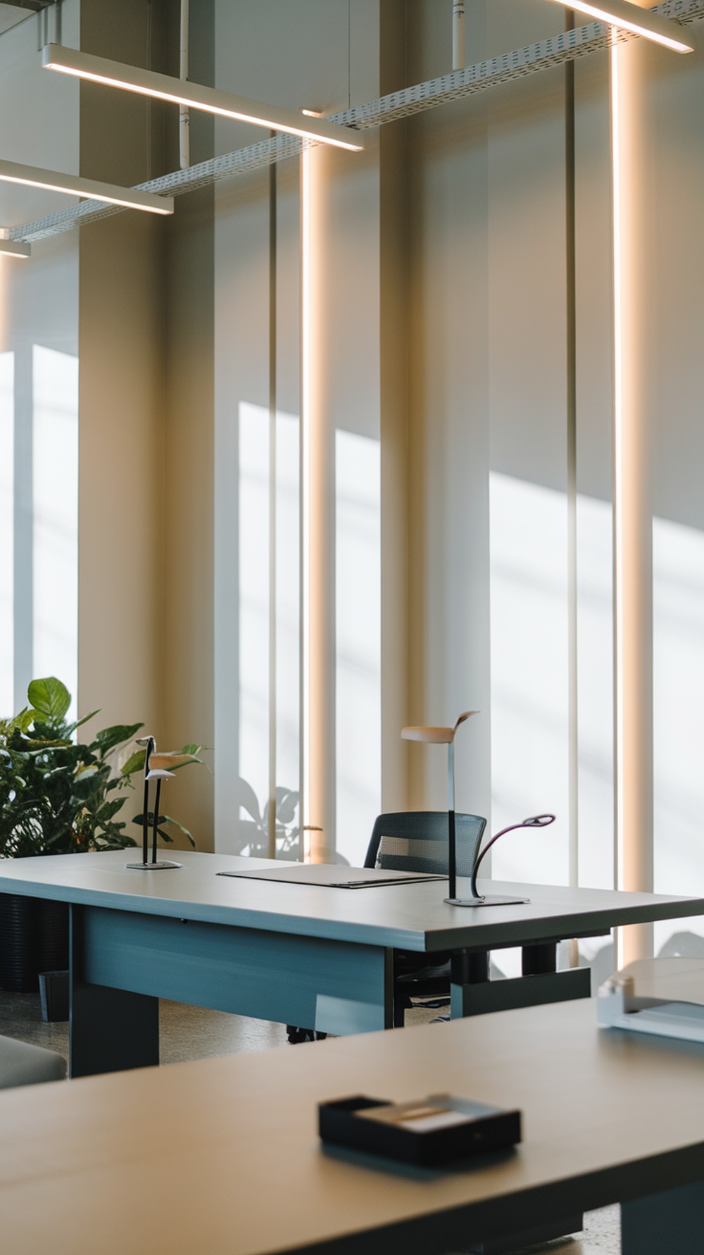 A minimalist office featuring modern lighting and a sleek desk.