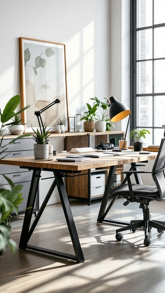 A modern industrial office setup featuring an open-frame desk, plants, and stylish decor.