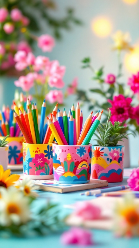 Colorful painted clay pots holding pencils on a desk surrounded by flowers.
