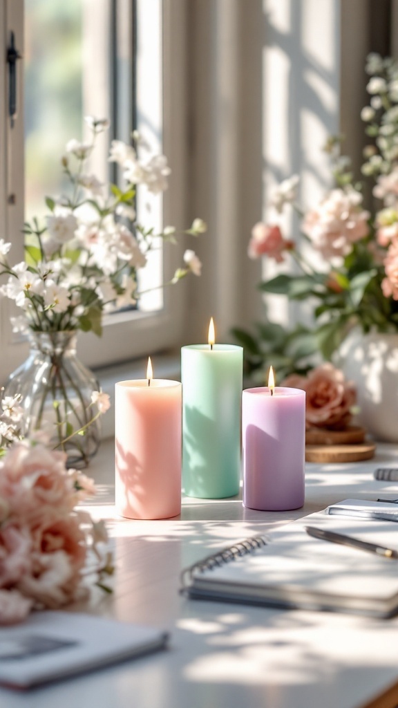 Three pastel-colored candles on a stylish office desk surrounded by flowers and notebooks.