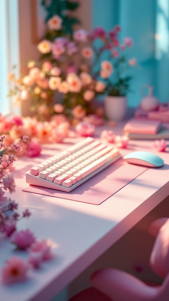 Pastel-colored keyboard and mouse set on a desk with flowers.