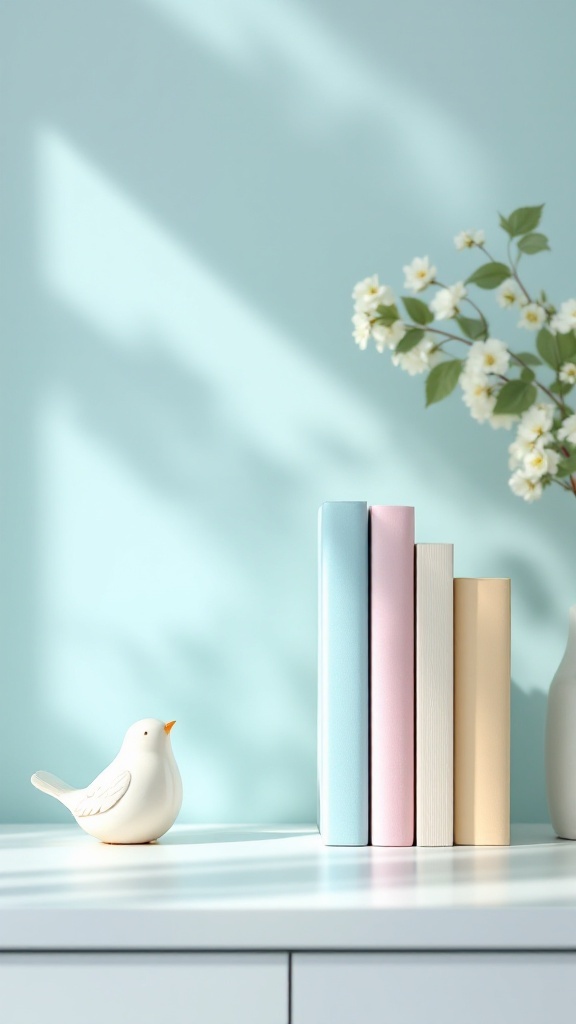 Pastel colored books stacked with a ceramic bird on a light blue background.