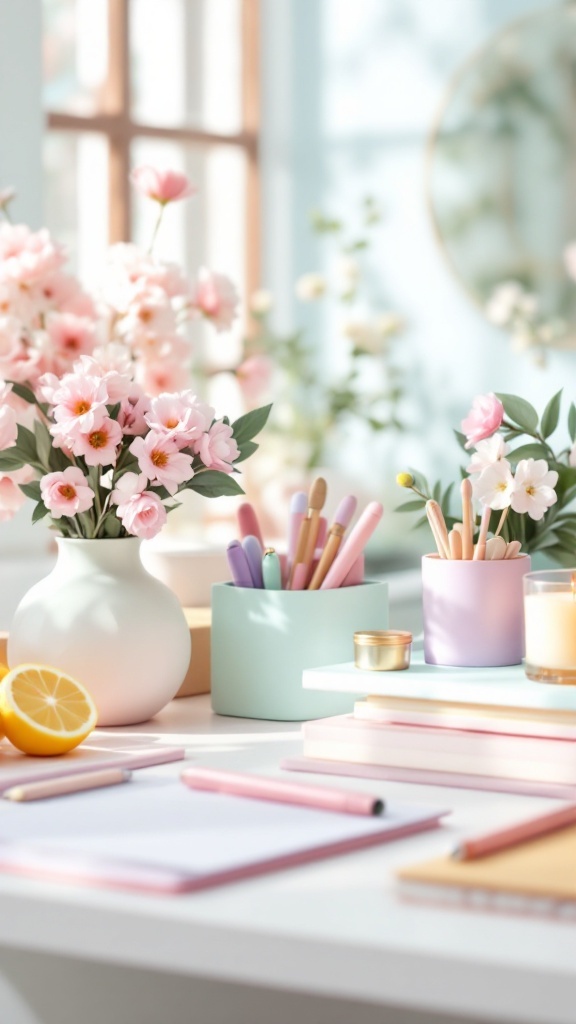 A pastel-themed desk organizer set with flowers and stationery, enhancing the workspace for spring.