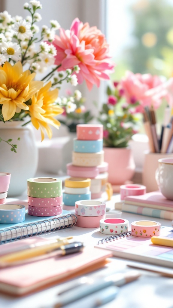 A collection of pastel washi tape rolls and stationery on a bright workspace, surrounded by flowers.