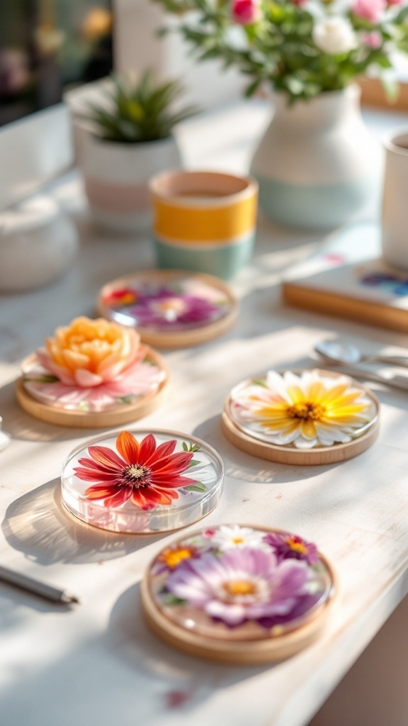 Colorful pressed flower resin coasters on an office desk.