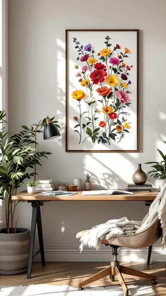 Wall art featuring pressed flowers in a modern workspace setting.