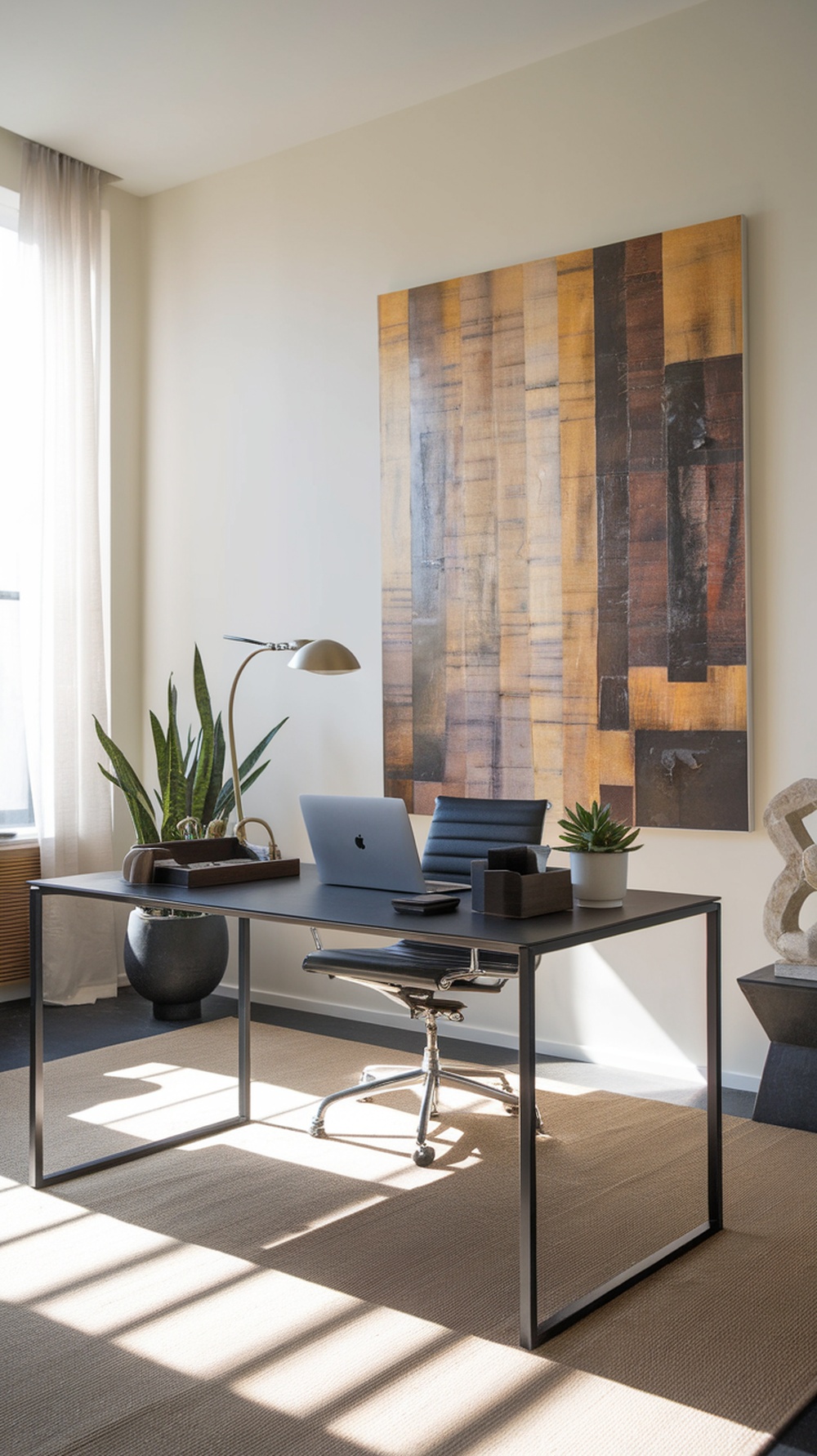 Modern minimalist office with a sleek desk, chair, and decorative plants.