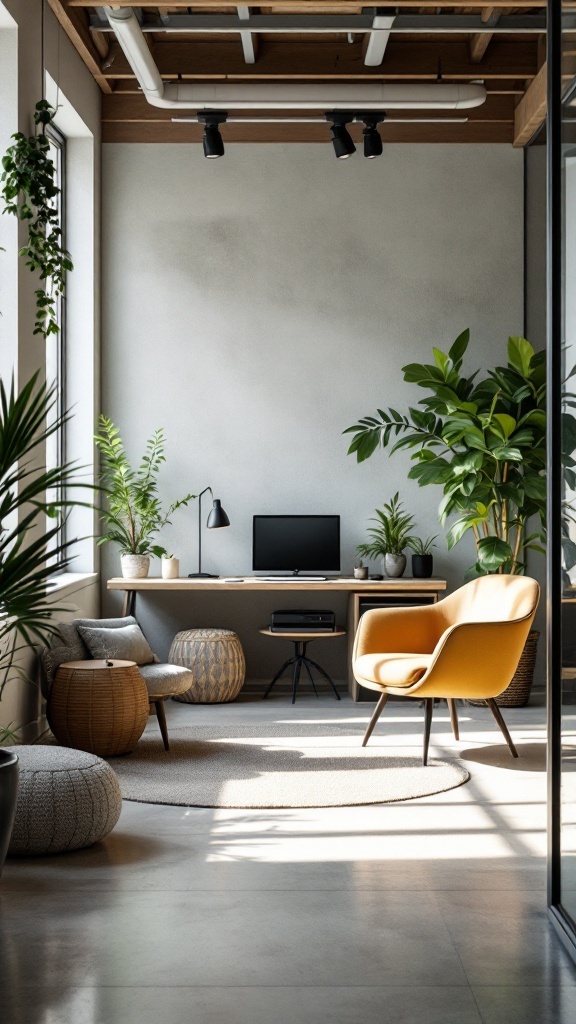 A cozy and bright quiet focus zone with plants, a desk, and comfortable seating.