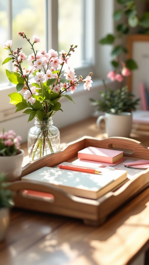 Rustic wooden desk tray with flowers and notepads on a desk.