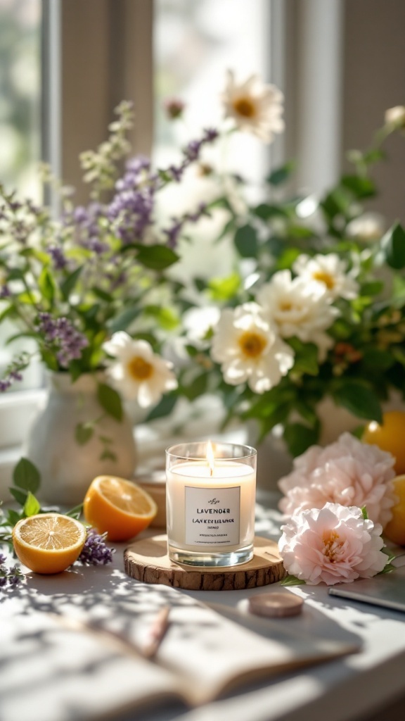 A scented candle surrounded by flowers and citrus fruits on a table.