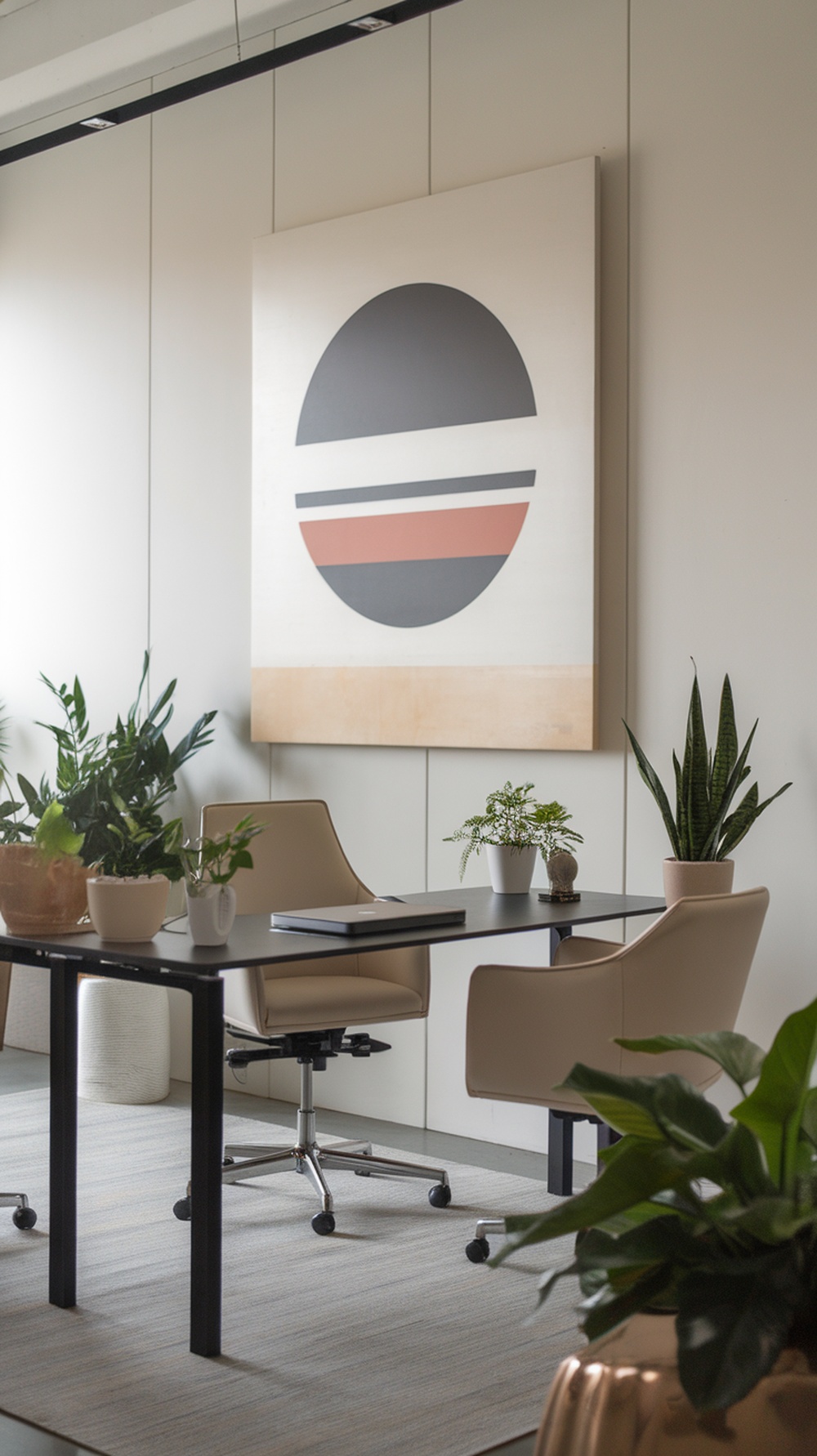 A modern minimalist office featuring a bold geometric wall art piece and potted plants.