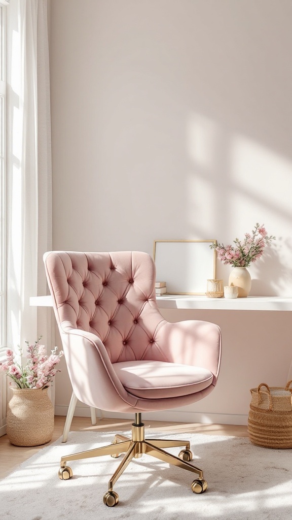 Soft blush velvet desk chair in a stylish office setting