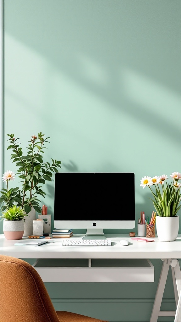 A bright office space with a soft green accent wall, modern desk, plants, and colorful office supplies.