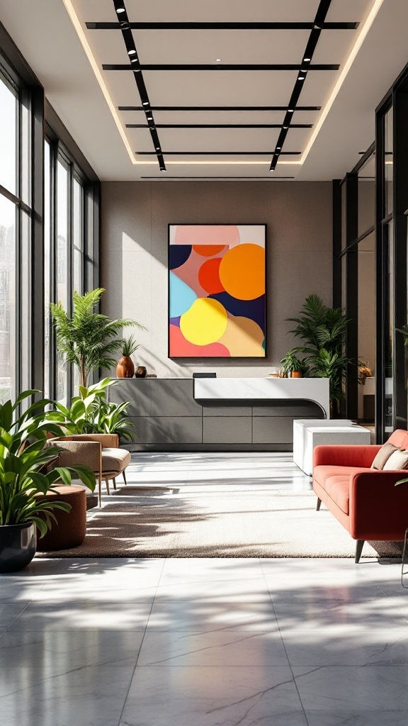 A modern reception area featuring colorful artwork, plants, and stylish furniture