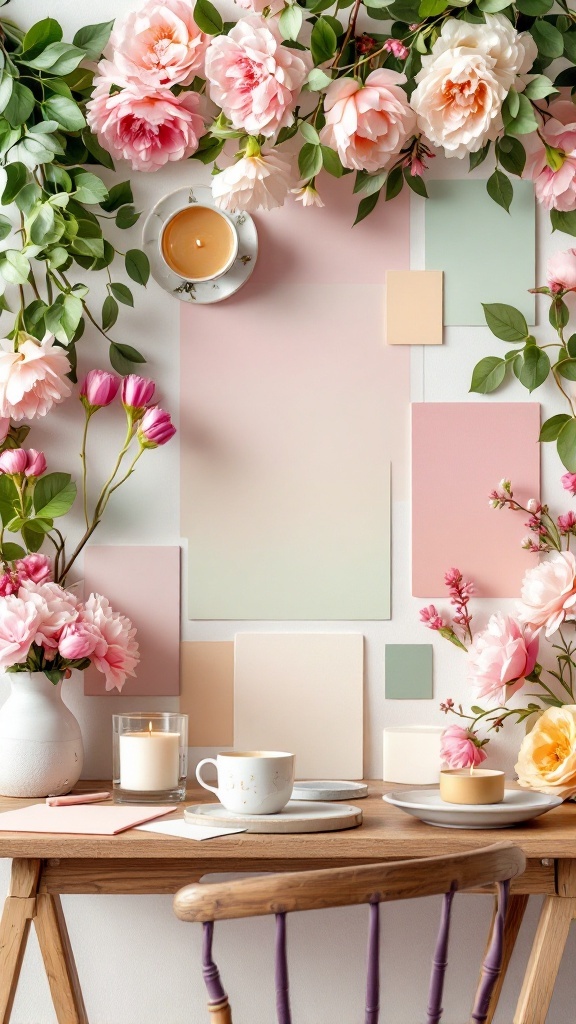 A workspace decorated with pink flowers, notepads, and a candle on a neutral background.