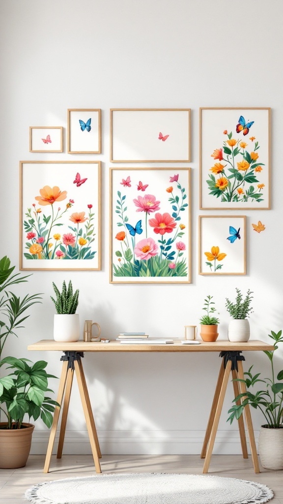 A workspace featuring spring-themed art prints with flowers and butterflies on a wall.