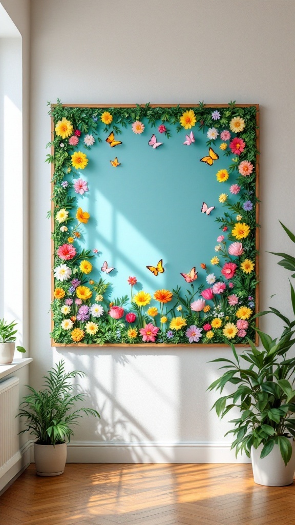 Spring-themed bulletin board with colorful flowers and butterflies in a bright office space