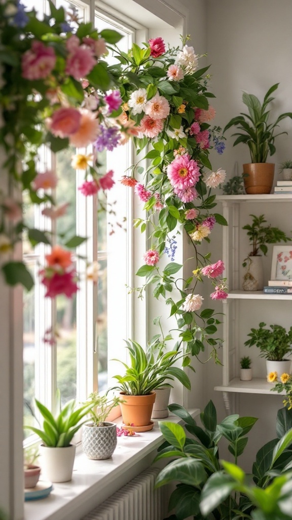 Colorful floral garland hanging over a window with plants on a shelf