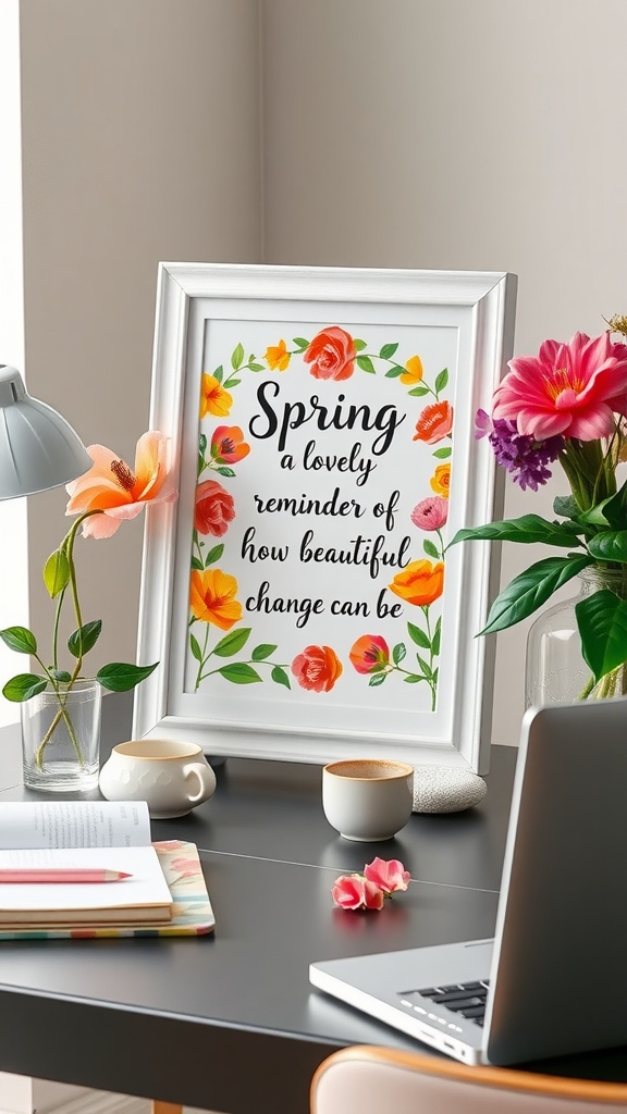 Framed print featuring a spring quote surrounded by colorful flowers.