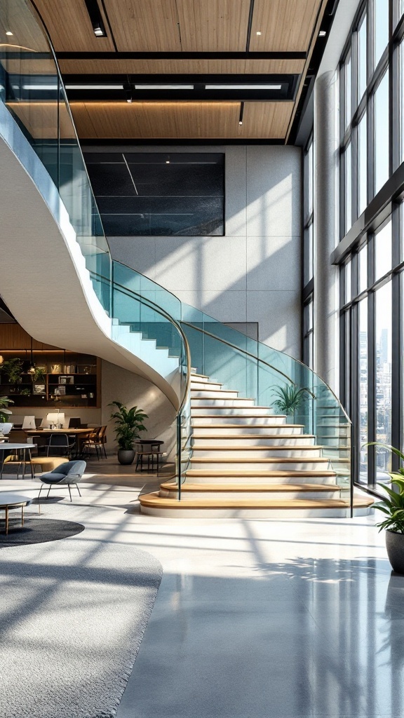 A modern office interior featuring a stylish staircase and large windows.