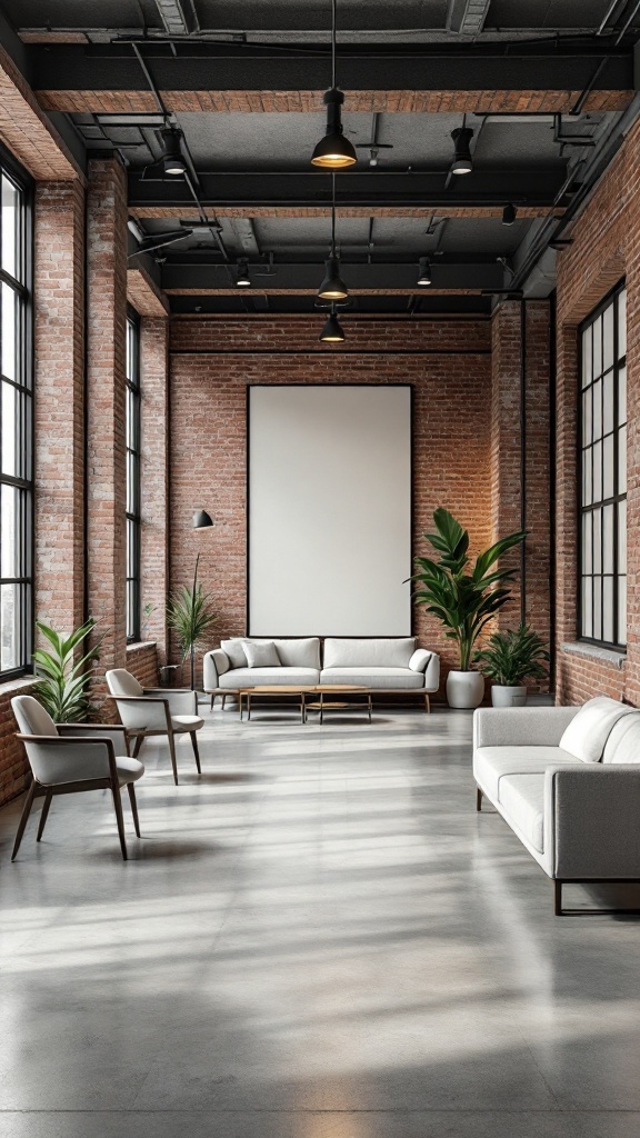 A modern industrial office space featuring neutral colors and open layout.
