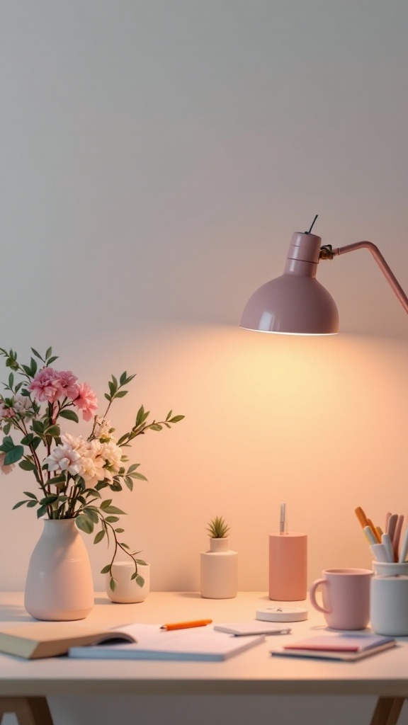 A beautifully arranged office desk featuring a pink lamp, flowers, and stationery.