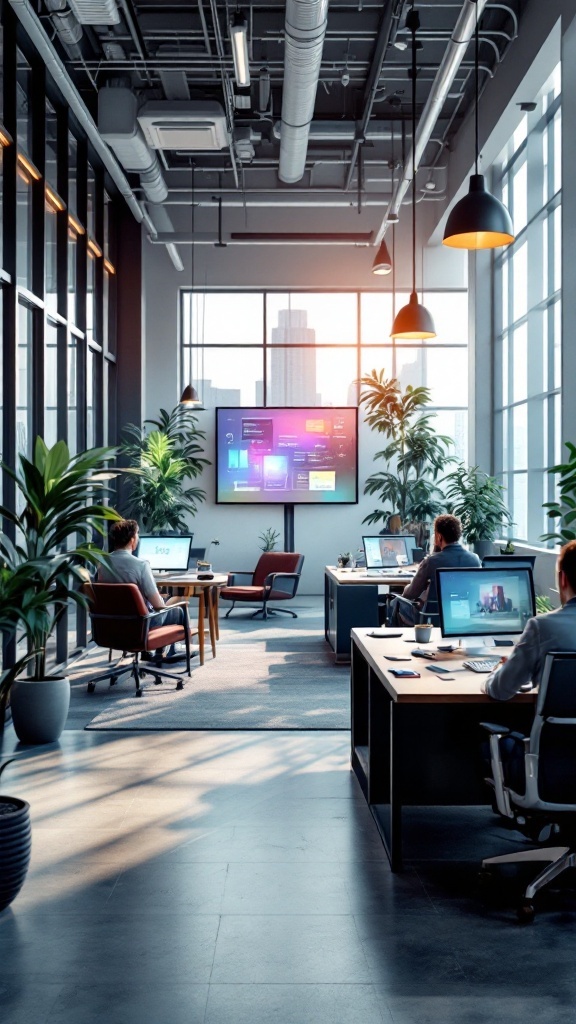 A modern office with technology-enhanced spaces featuring large screens and open design.
